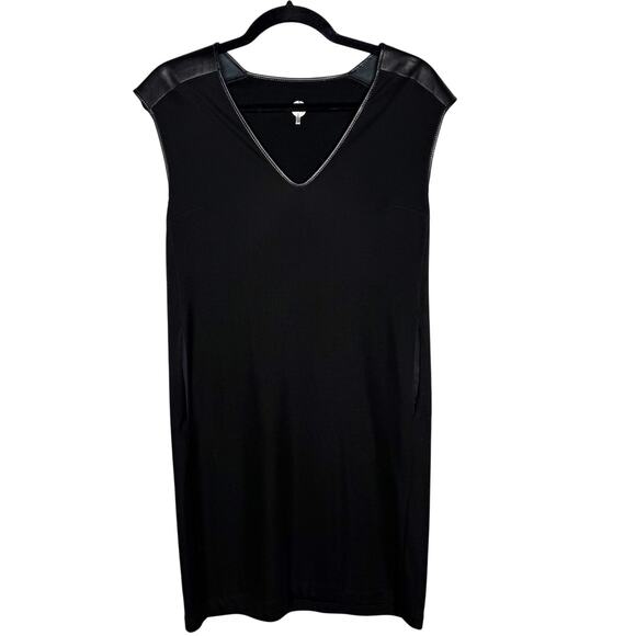 IAN R.N. Womens Small S Black Leather Shoulder V Neck Short Sleeve Dress Pockets - Picture 1 of 9